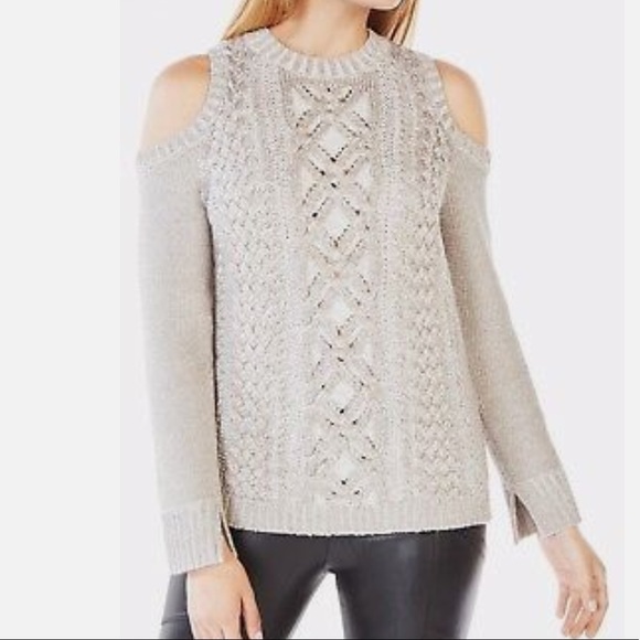 NWT BCBG MAXAZRIA  womens cold shoulder metallic silver sweater sz s champgn - Picture 6 of 16